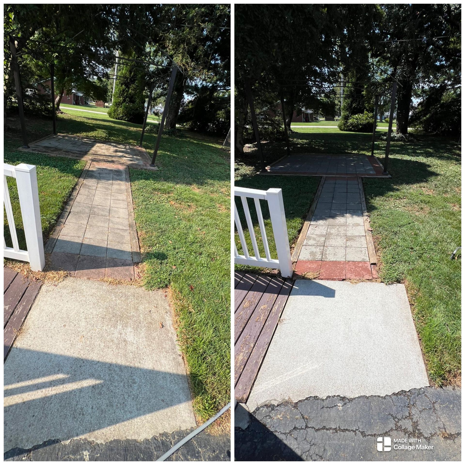 Sidewalk leading through a grassy yard to a shaded park path, shown in two side-by-side views.