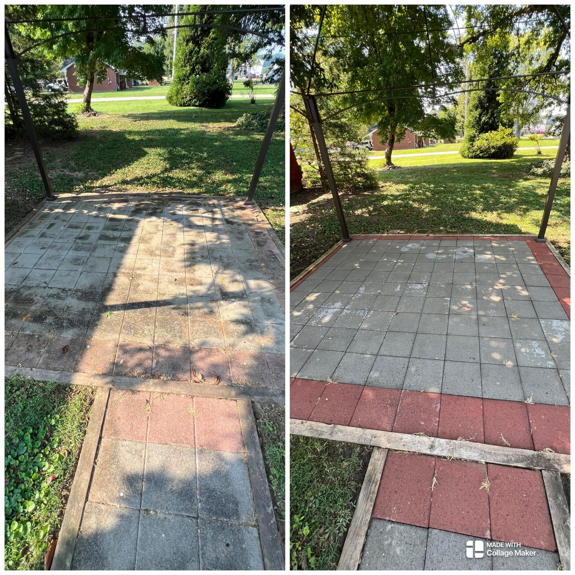 Side-by-side walkway before and after paving repairs in a sunny park.