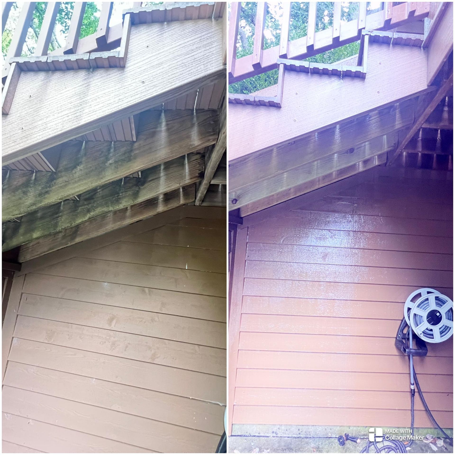 Side-by-side views of a brown house exterior with stairs and deck supports; right panel shows a hose reel.