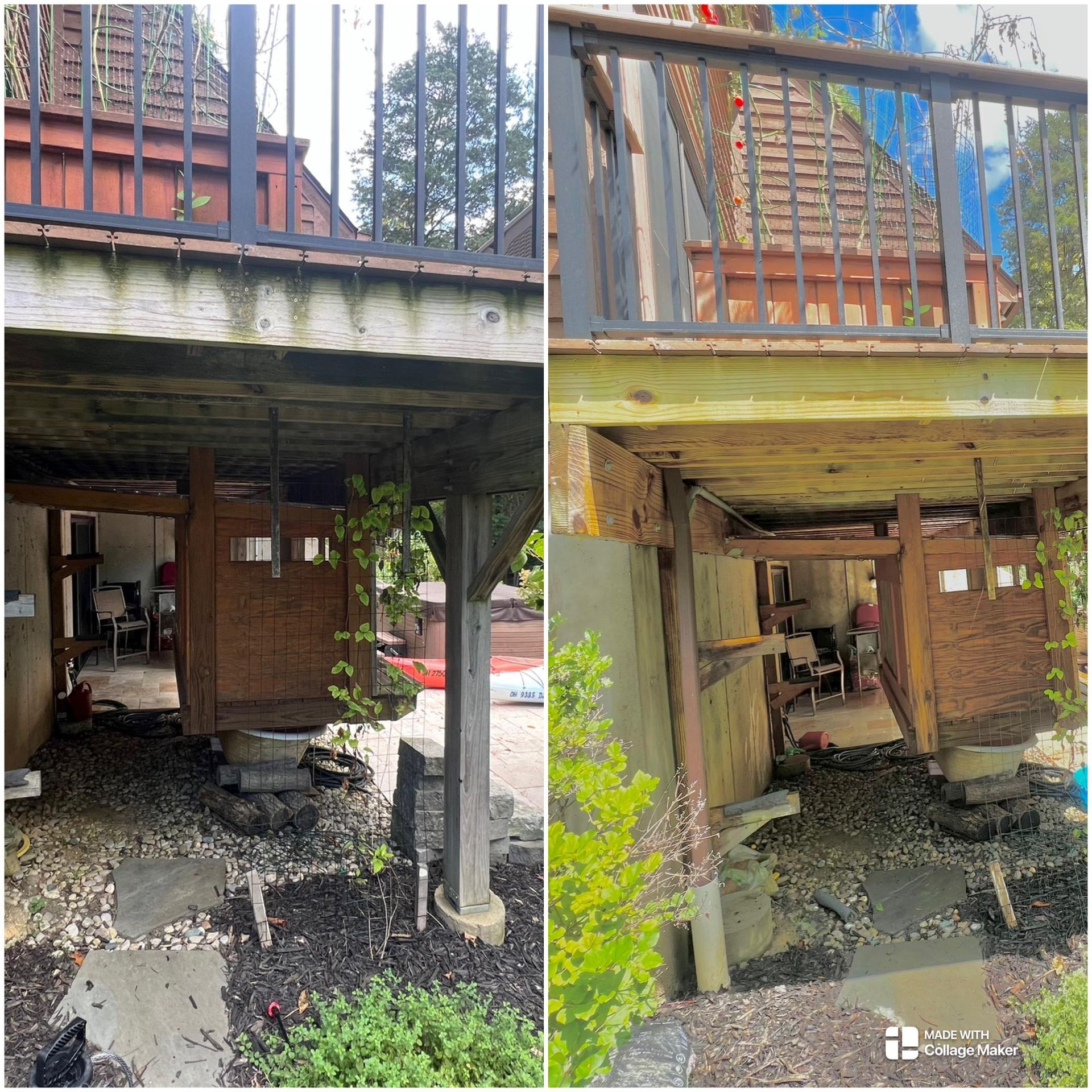 Before-and-after view of a damaged house under a deck, showing collapsed stone walkway and exposed wooden entrance.