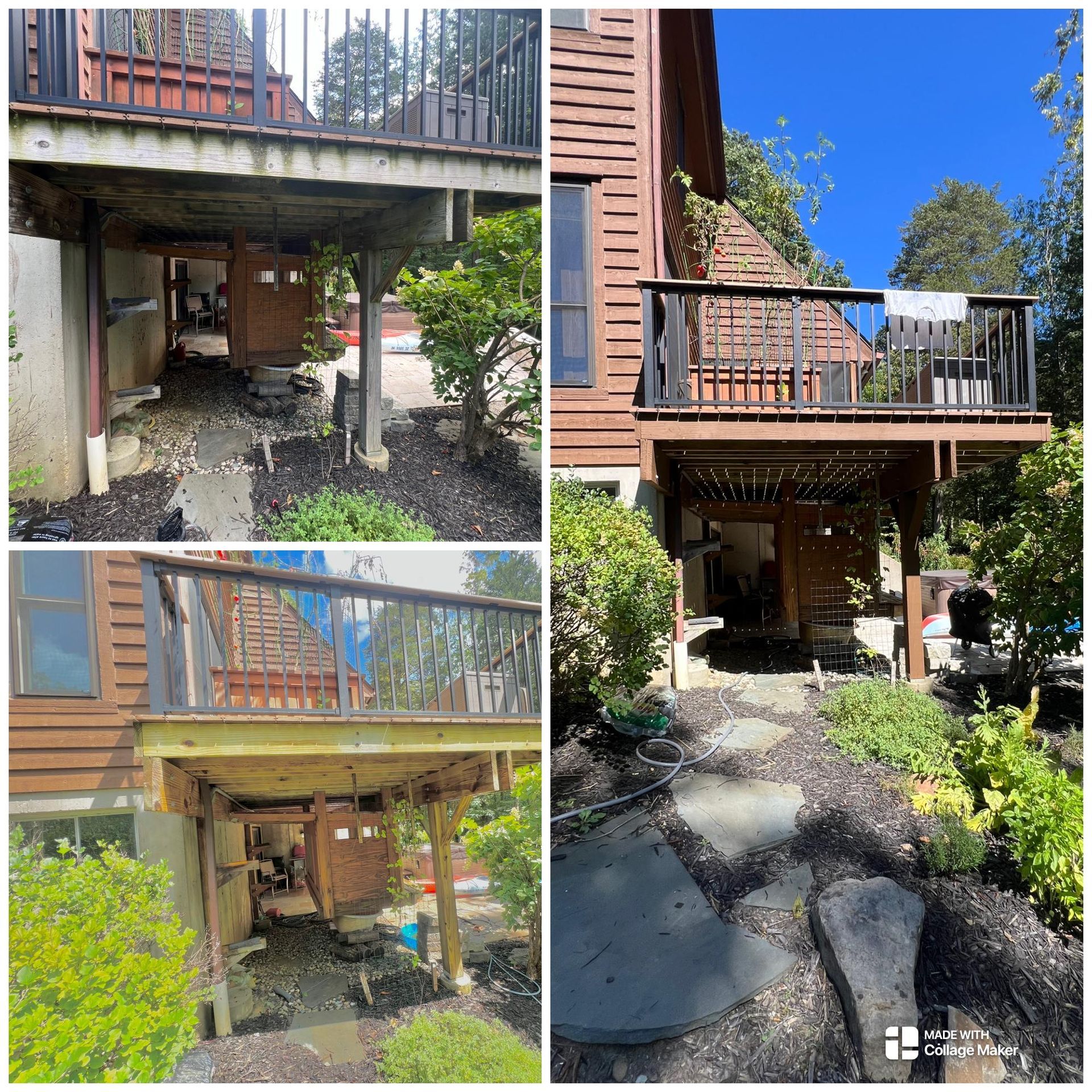 Three views of a house exterior with a raised deck, stairs, and stone path under a bright blue sky