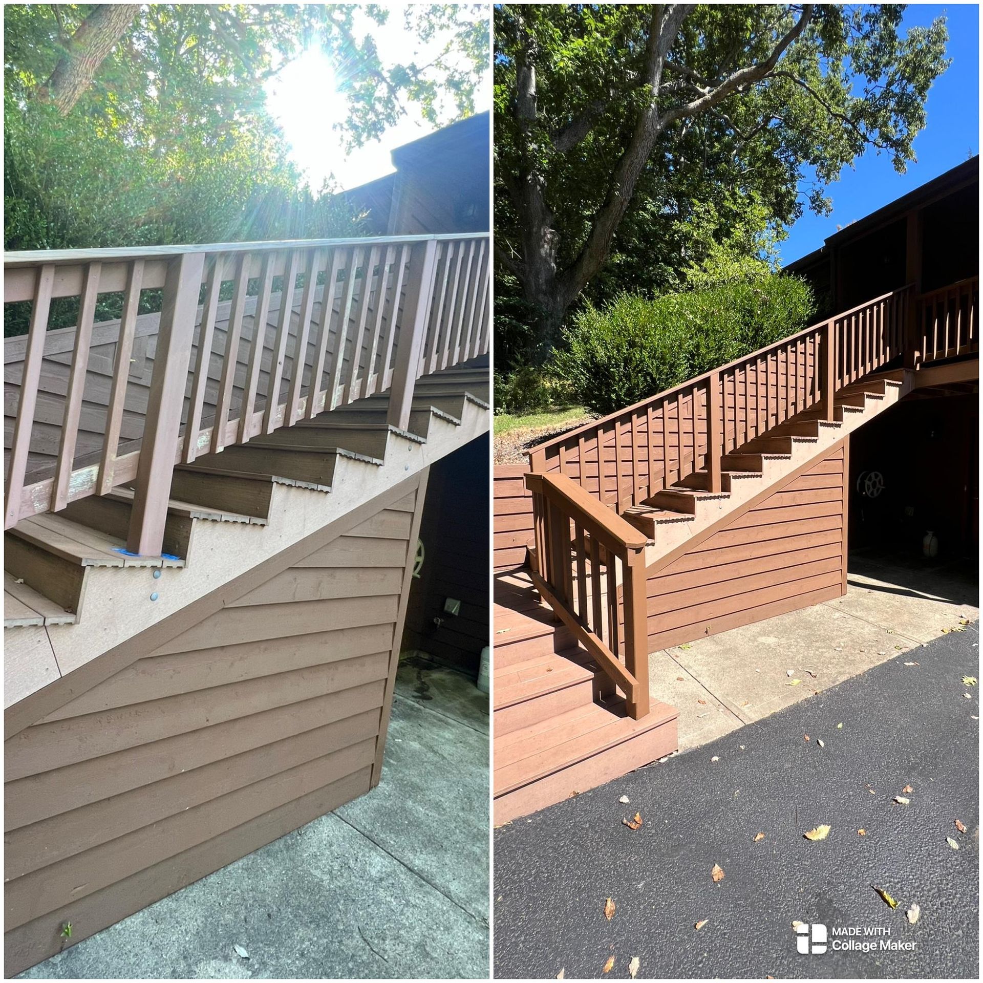 Before-and-after exterior wooden stairway with tan siding and railing, shown in sunlight.