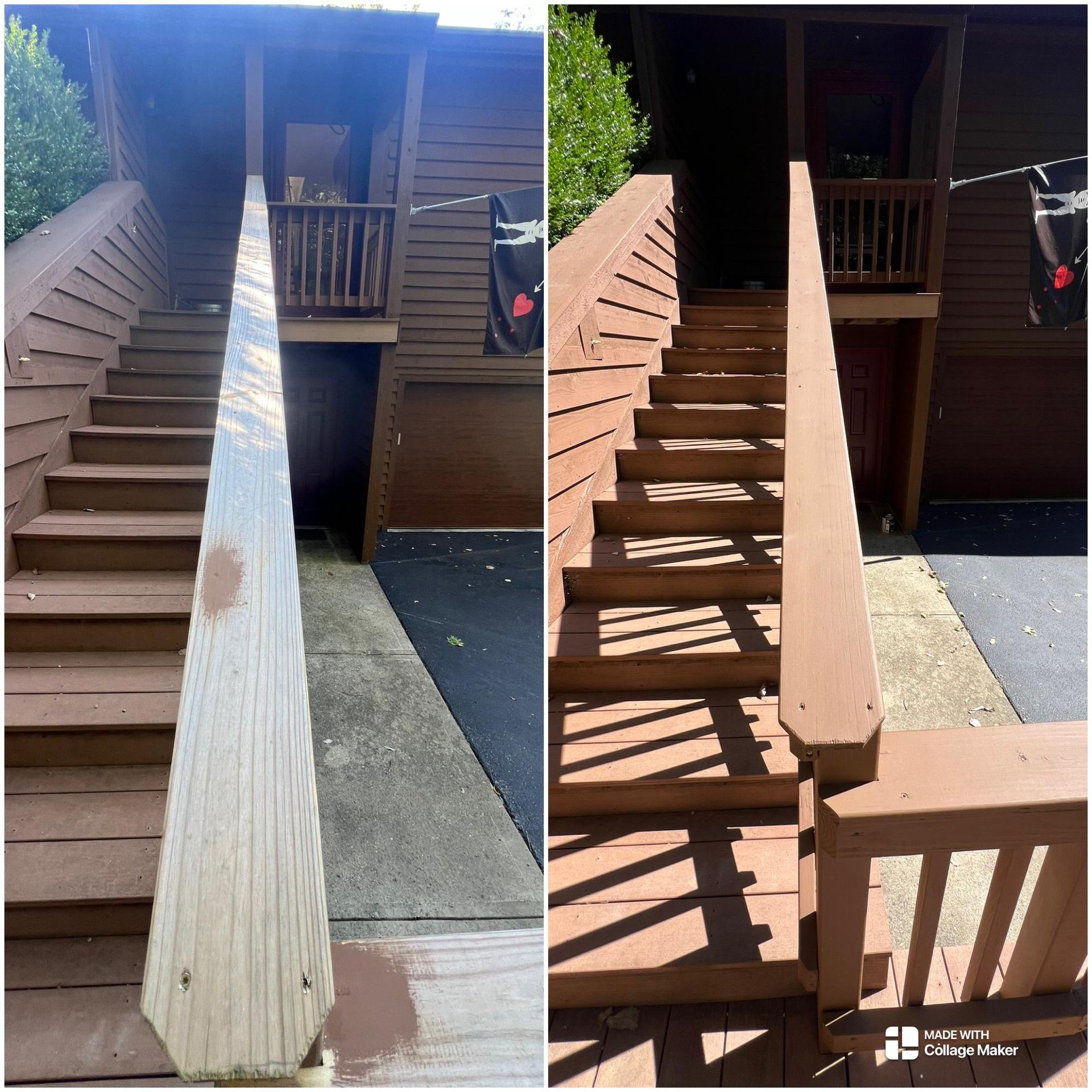 Split view of a wooden stairway and railing leading to a porch, with sunlit shadows on the steps.