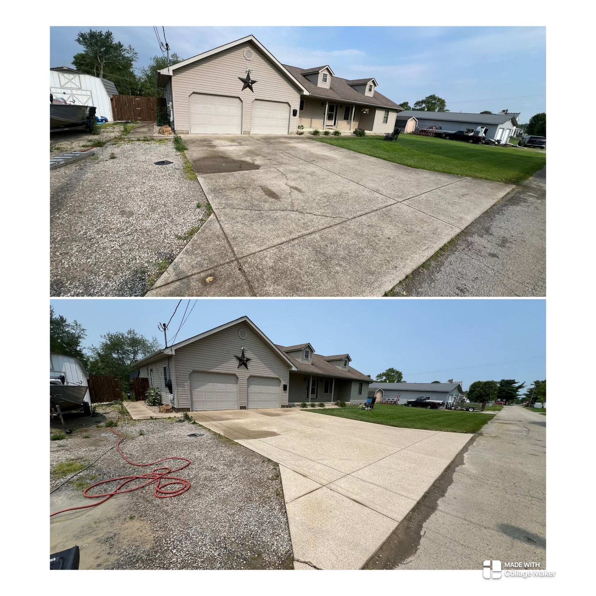 Driveway and front exterior of a beige house shown in two side-by-side views.