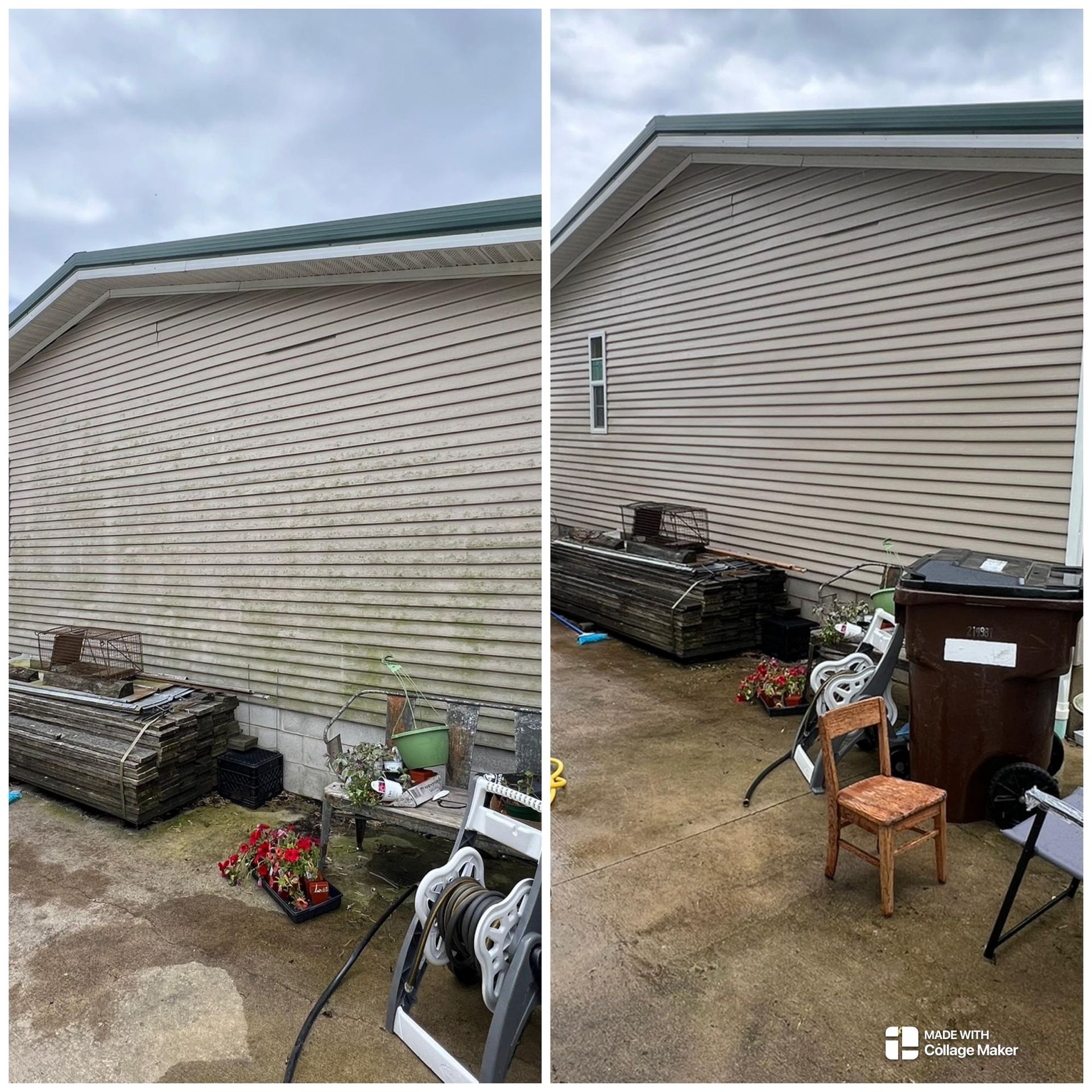 Two backyard photos of a house exterior with siding, patio items, and a hose on wet ground.