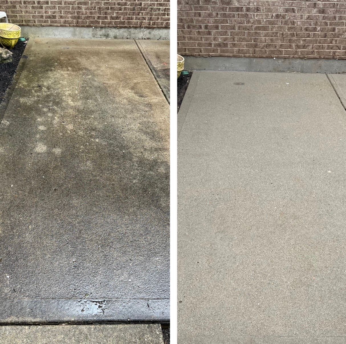 Before-and-after view of a cleaned concrete walkway beside a brick wall.