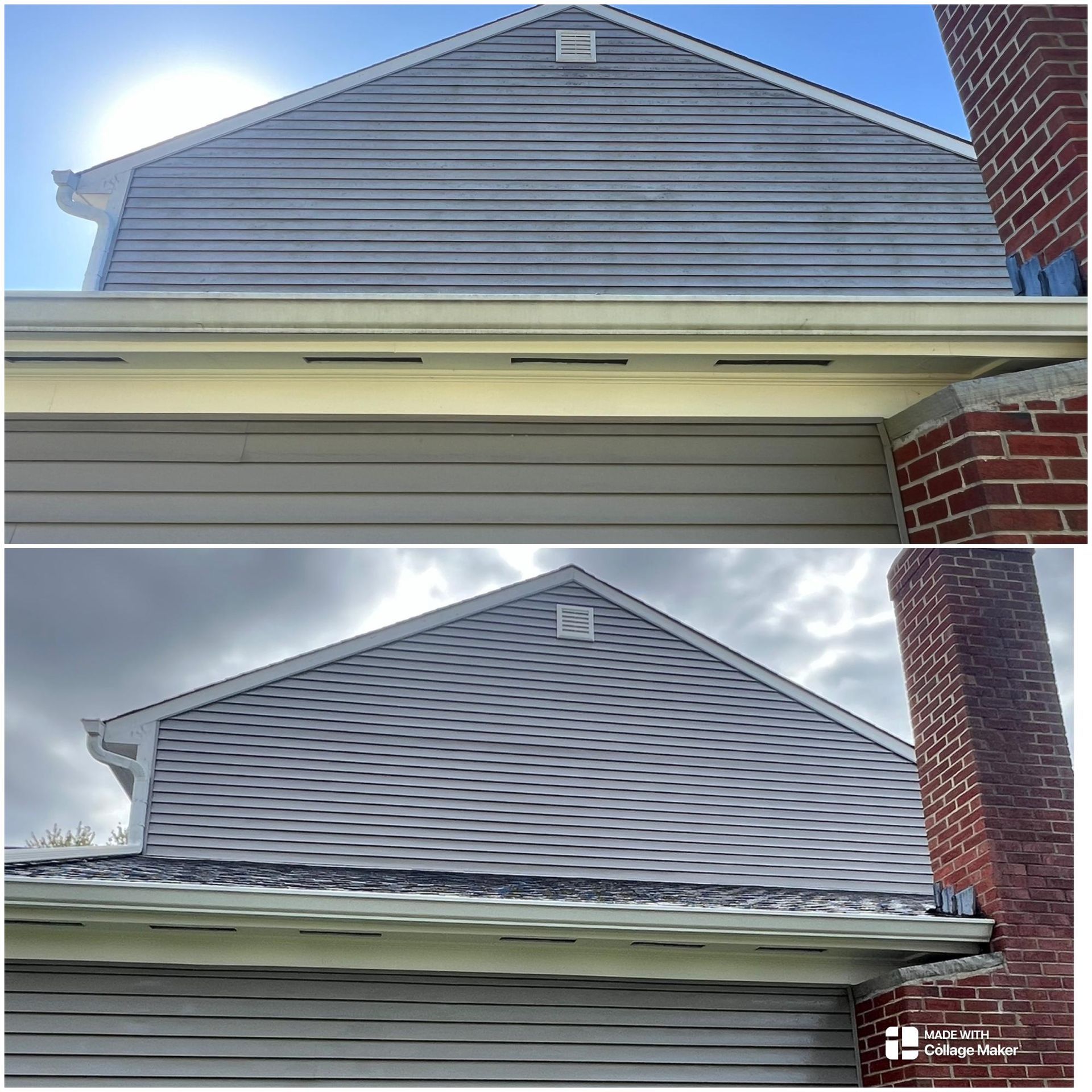 Before-and-after view of a house gable with gray siding and a brick chimney