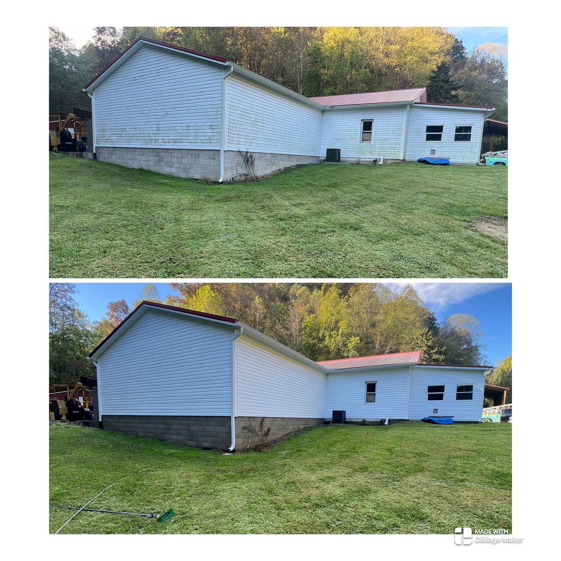 Two exterior views of a white house with a gray foundation and grassy yard at sunset.