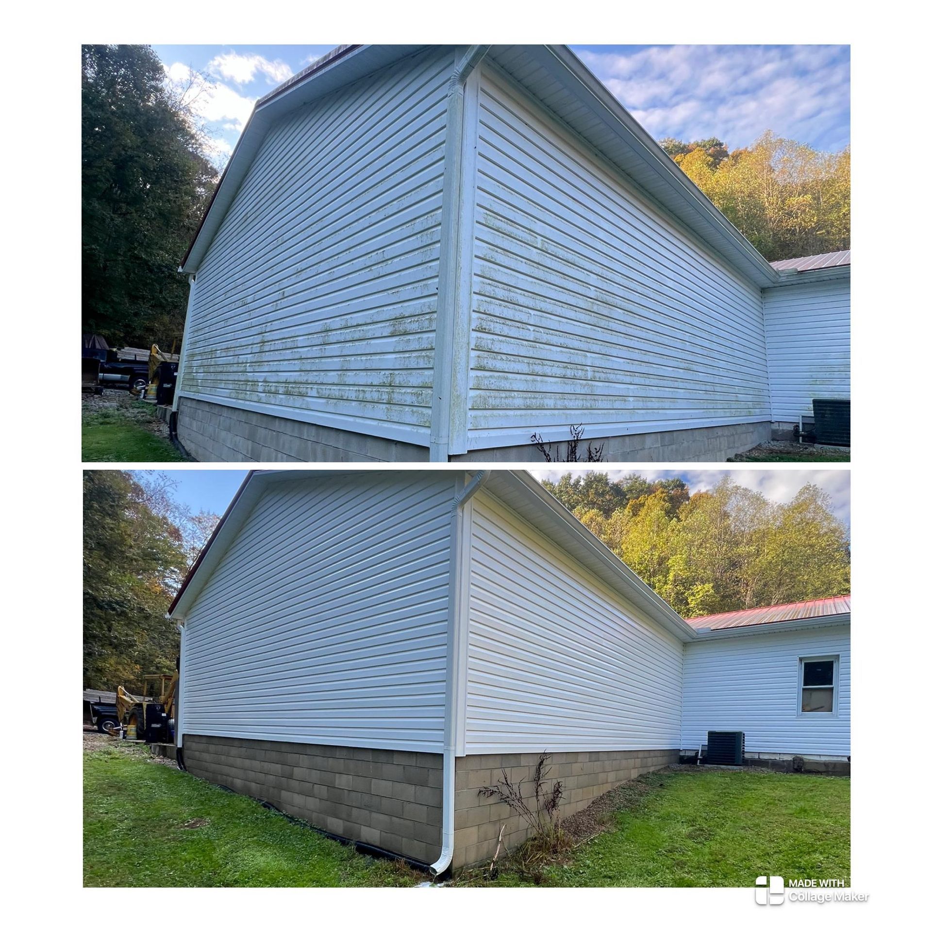 Before and after view of a white house exterior with vinyl siding and a repaired foundation.