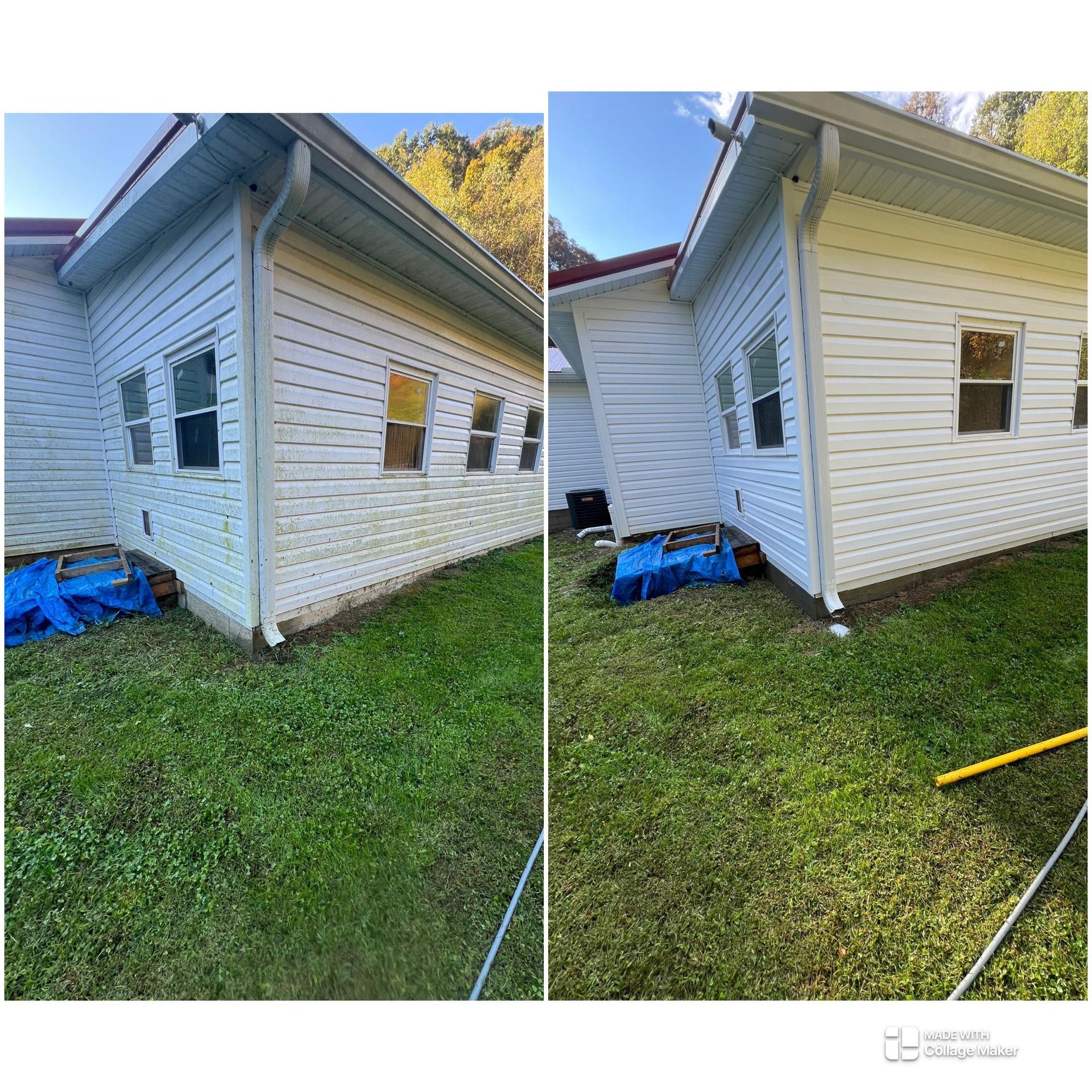 Split-view of a white house corner before and after repairs, with new siding and trim next to a grassy yard