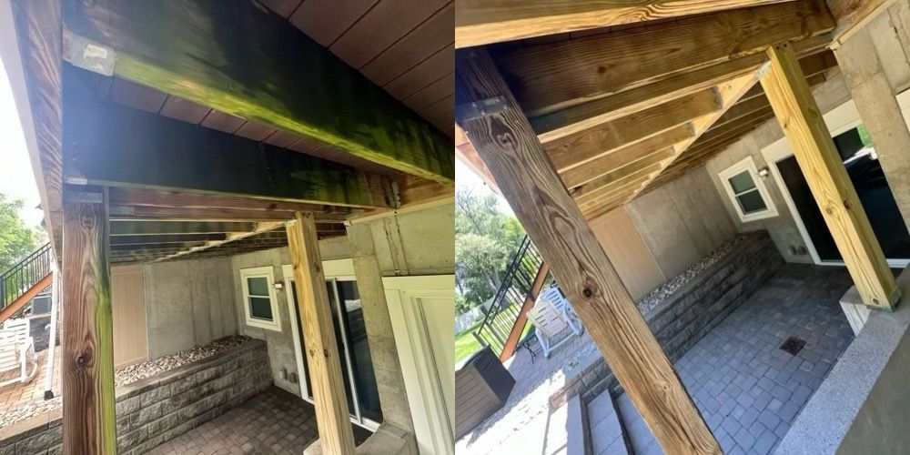 Two tilted views of a covered porch with wood beams, siding, windows, and concrete floor