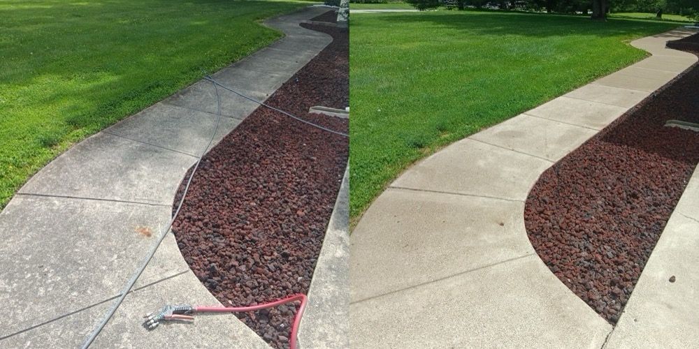 Before-and-after sidewalk repair: cracked concrete replaced with smooth beige pavement beside mulch and grass.