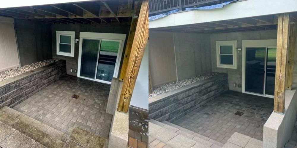 Side-by-side view of a small covered patio with pavers, a glass sliding door, and steps at the entrance