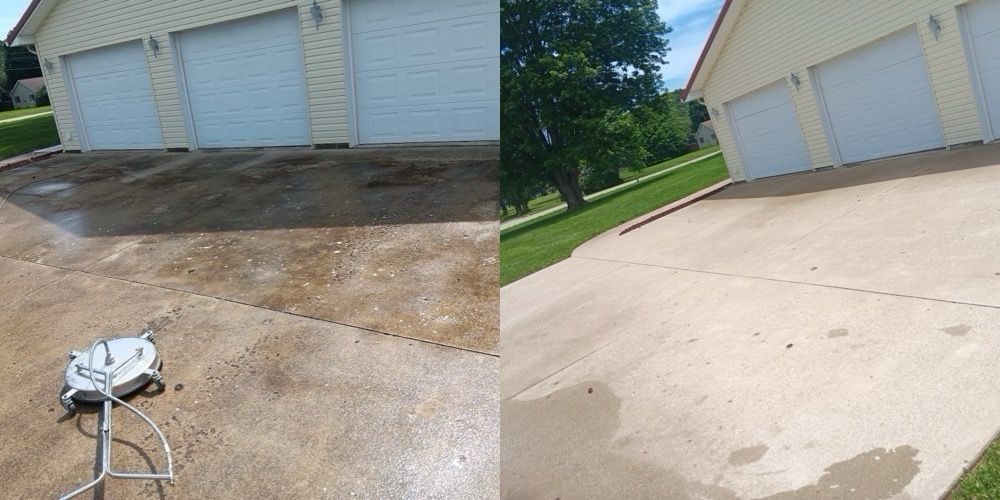 Driveway before-and-after: patchy dirt beside garages, then a smooth concrete driveway with a hose.