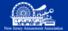 Logo for the New Jersey Amusement Association featuring a white silhouette of a Ferris wheel, roller coaster, and crowd.