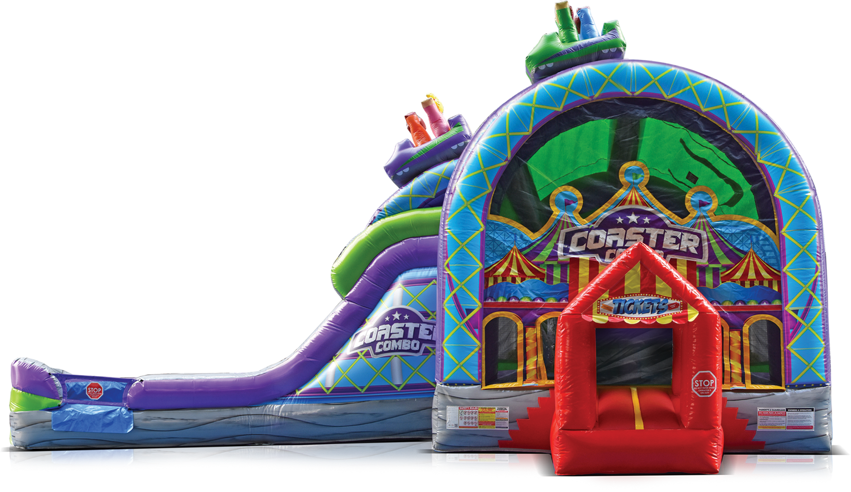 A Western-themed inflatable bounce house with a saloon facade, decorative cacti, and a banner reading 