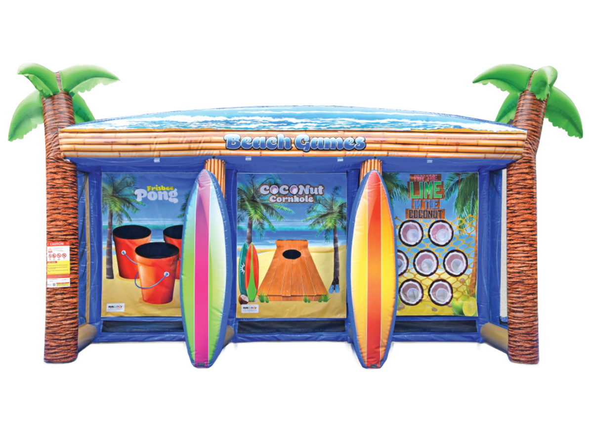 An inflatable carnival game stall with a tropical theme, featuring palm tree pillars and three beach-themed game panels.