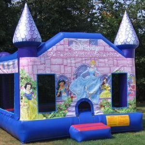 A Disney princess-themed bounce house featuring illustrations of Snow White, Jasmine, Cinderella, and Belle.