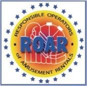 A circular logo for ROAR (Responsible Operators of Amusement Rentals) with blue text over a red and yellow background.