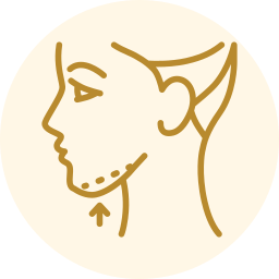 Side profile illustration of face and jawline with dotted chin points and an upward arrow on a beige circle