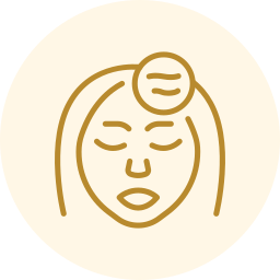 Minimal line icon of a woman’s face with a forehead patch and closed eyes on a beige circle