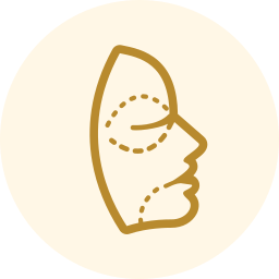 Gold line-art face icon in profile on a pale beige circle background