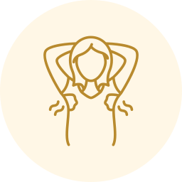 Golden line icon of a person stretching their arms behind their head on a pale yellow circle background