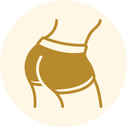 Stylized gold line drawing of a torso in underwear on a cream circle background