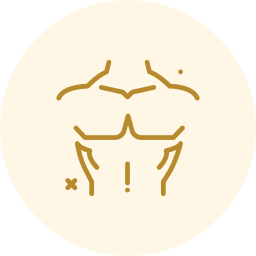 Golden line art of a flexed torso with abs on a pale cream circle background