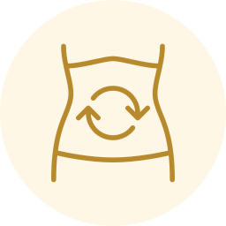 Gold icon of a toned abdomen with circular arrows, suggesting body contouring or waist treatment