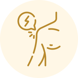 Minimal line art of a person holding a painful lower back, with a lightning pain symbol above the shoulder.