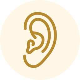 Gold outline of an ear icon on a pale cream circle background