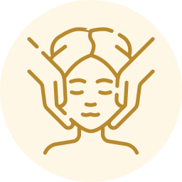Gold line art of a face with hands massaging the temples inside a pale cream circle