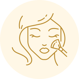 Line-art illustration of a woman applying facial makeup with a brush on a beige circle background