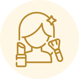 Gold line icon of a face with lipstick and makeup brush inside a pale circle
