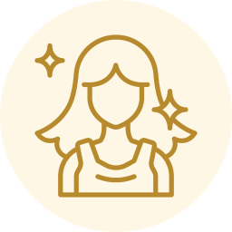 Gold line icon of a woman with shoulder-length hair on a pale cream circle background