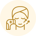 Gold line icon of a person wiping sweat with a cloth, showing relief and tiredness.
