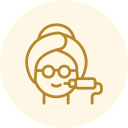 Line-art icon of a person with glasses holding a paint roller, in warm beige and gold tones