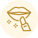 Lip outline with a lipstick applying golden-beige color and small sparkles on a pale background