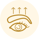 Gold eye icon with raised eyebrow and three upward arrows above it