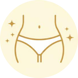 Minimal gold line-art torso in a circular icon with sparkles on a pale background