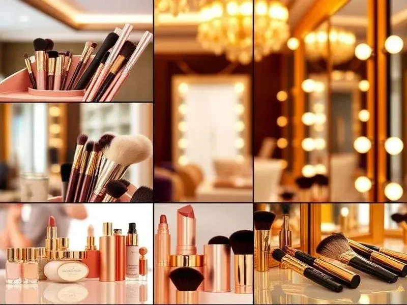 Makeup brushes and cosmetic products arranged in a warmly lit vanity display
