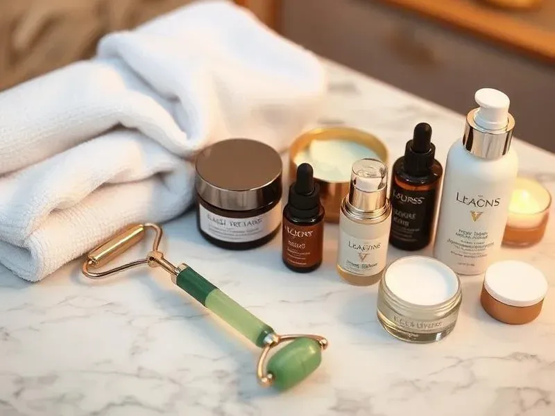 Spa skincare products and towels arranged on a marble tray with a green jade roller.