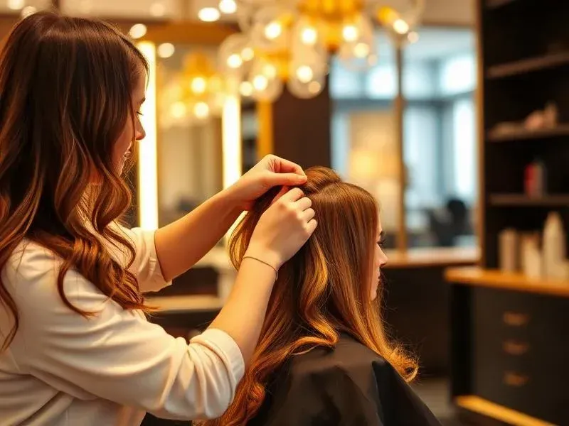 Stylist arranging a client’s hair in a warmly lit salon
