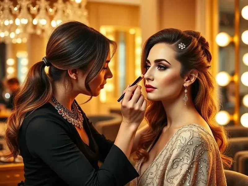 Makeup artist applying lipstick to a woman in an elegant dress, with warm lights in the background