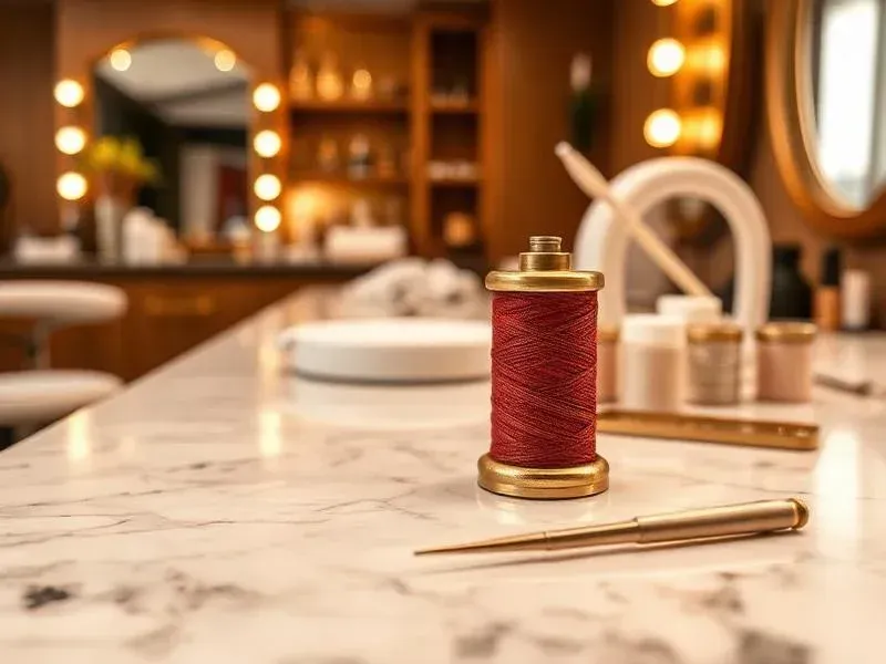 Red spool of thread and needle on a marble table in a softly lit sewing room