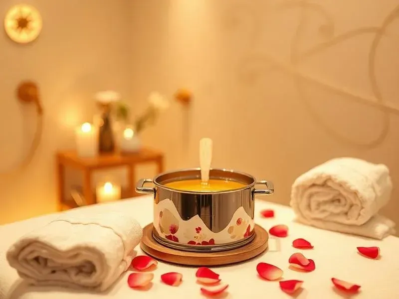 Spa treatment setup with a lit candle, rolled towels, rose petals, and a cream-colored background