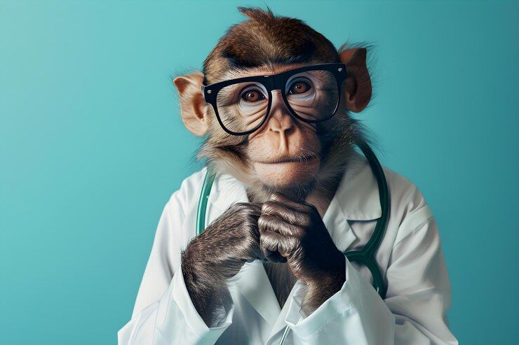 Macaco usando óculos, estetoscópio e jaleco, com expressão pensativa contra um fundo azul.