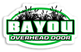 A green and white logo for bayou overhead door.