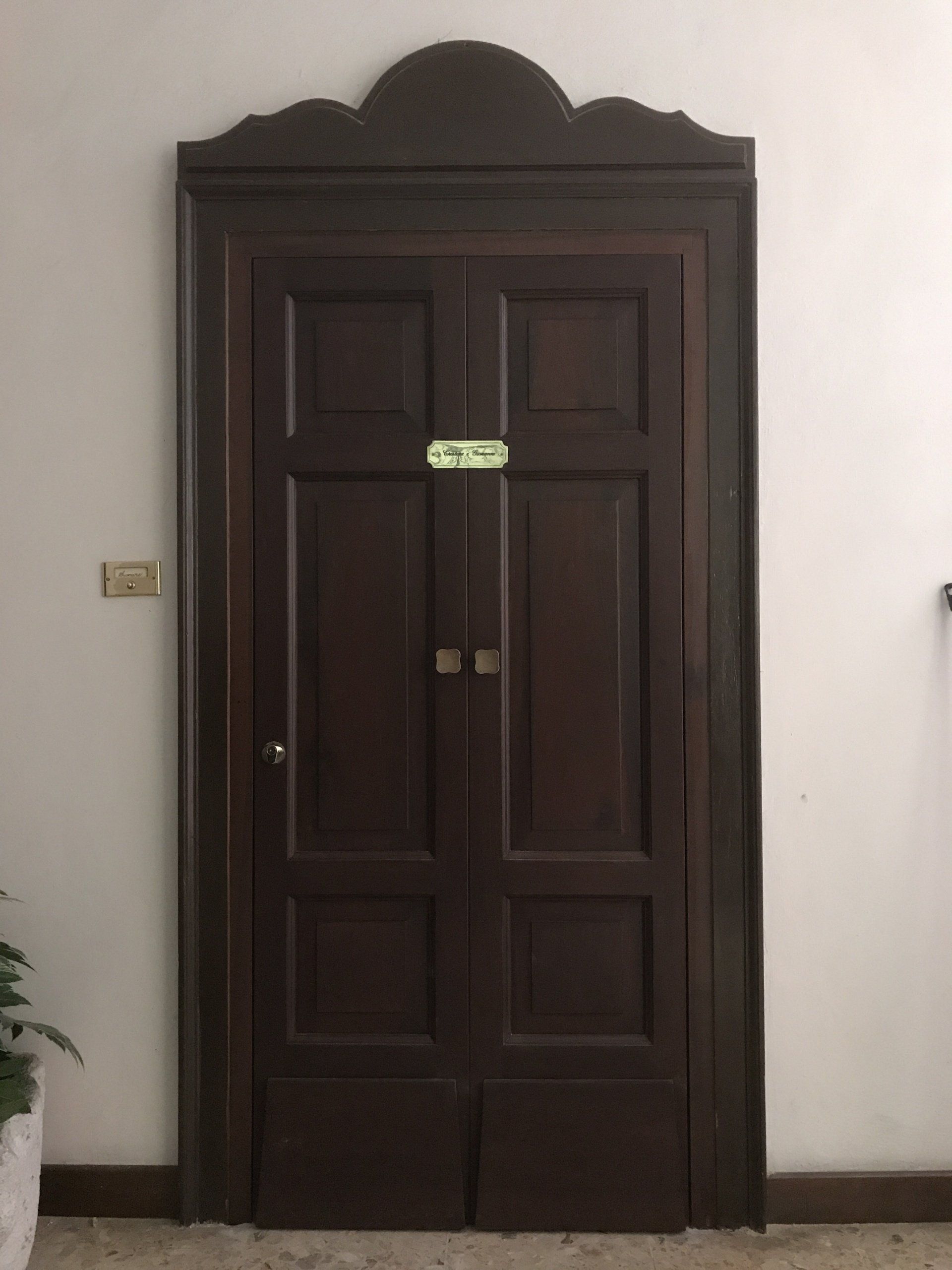 Una porta interna a doppio pannello in legno scuro con una modanatura decorativa ad arco, centrata su una semplice parete bianca.